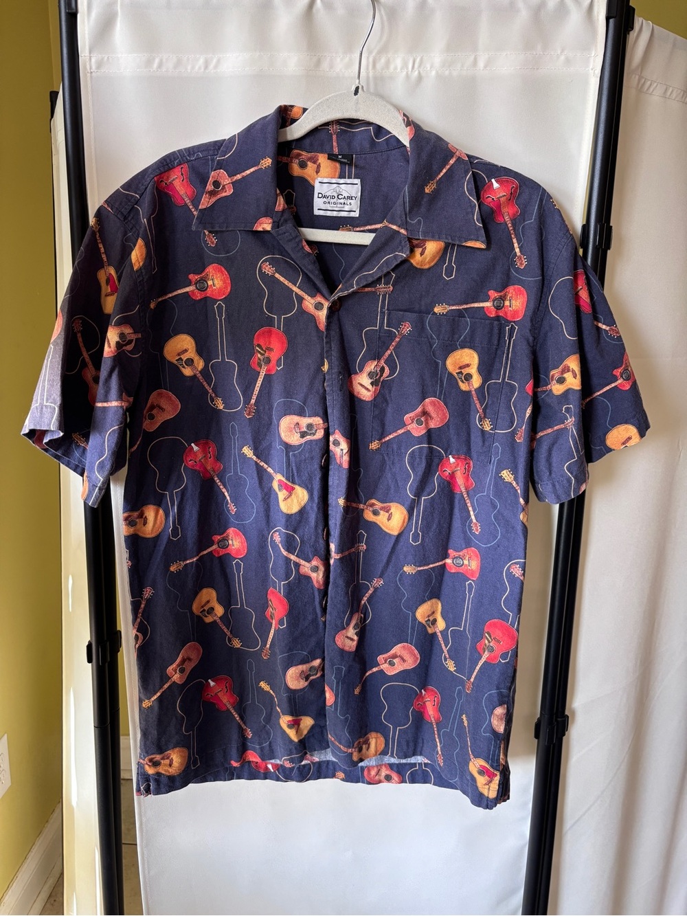 Vintage David Carey Navy Short-Sleeve Guitar Print Button-Down Shirt